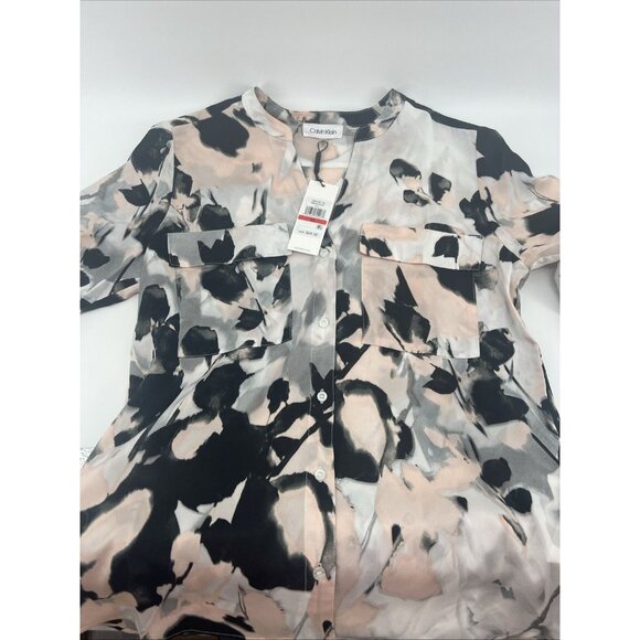 NEW Calvin CK Floral Crepe Chine Split V-Neck Roll-Tab Sleeve Blouse NWT XS CK - Picture 7 of 12